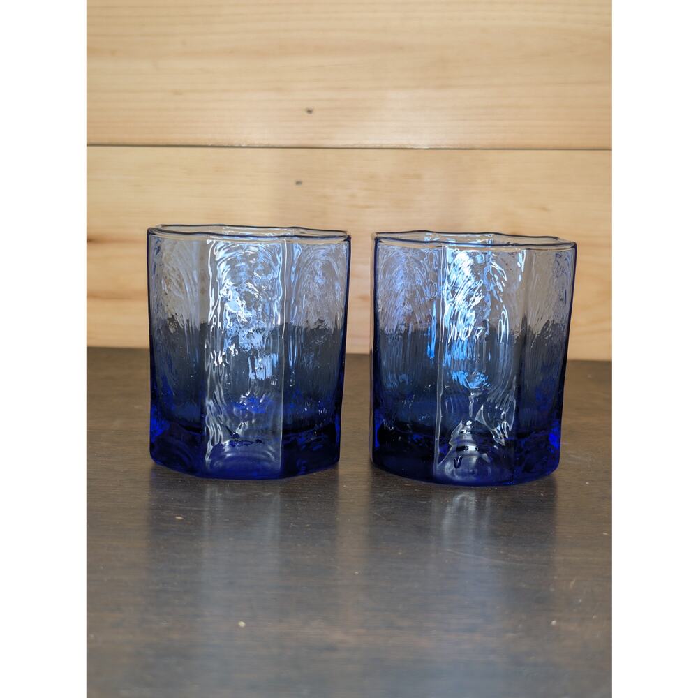 Vintage Set of 2 Libbey “Facets” Cobalt Blue Textured Octagonal Drinking Glasses